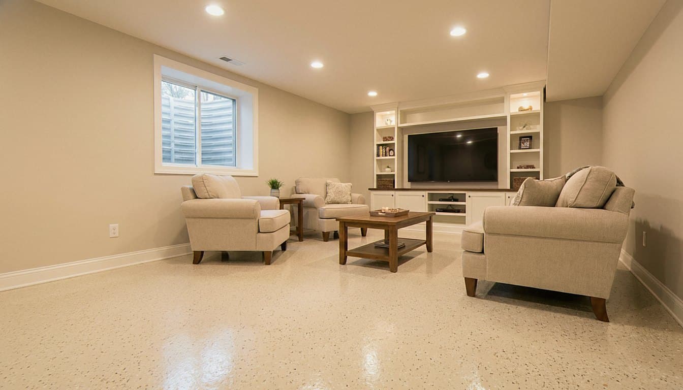 Finished basement floor in slate flake epoxy.