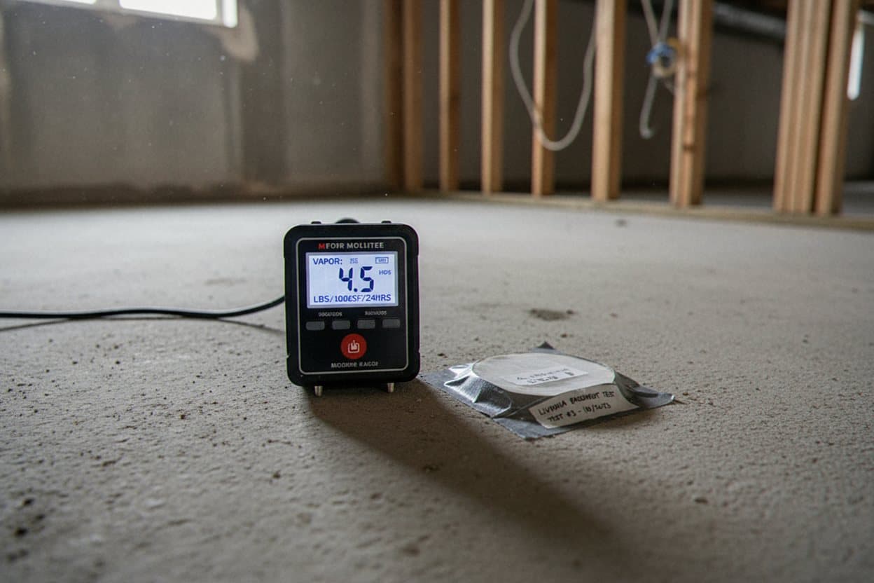 Calcium chloride disc moisture testing on slab.