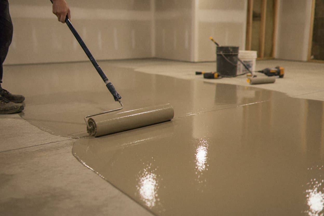 Vapor-mitigating primer curing on bare concrete.