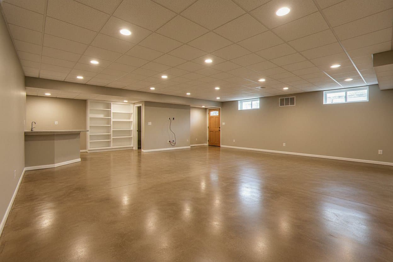 Empty basement with glossy charcoal flake floor.