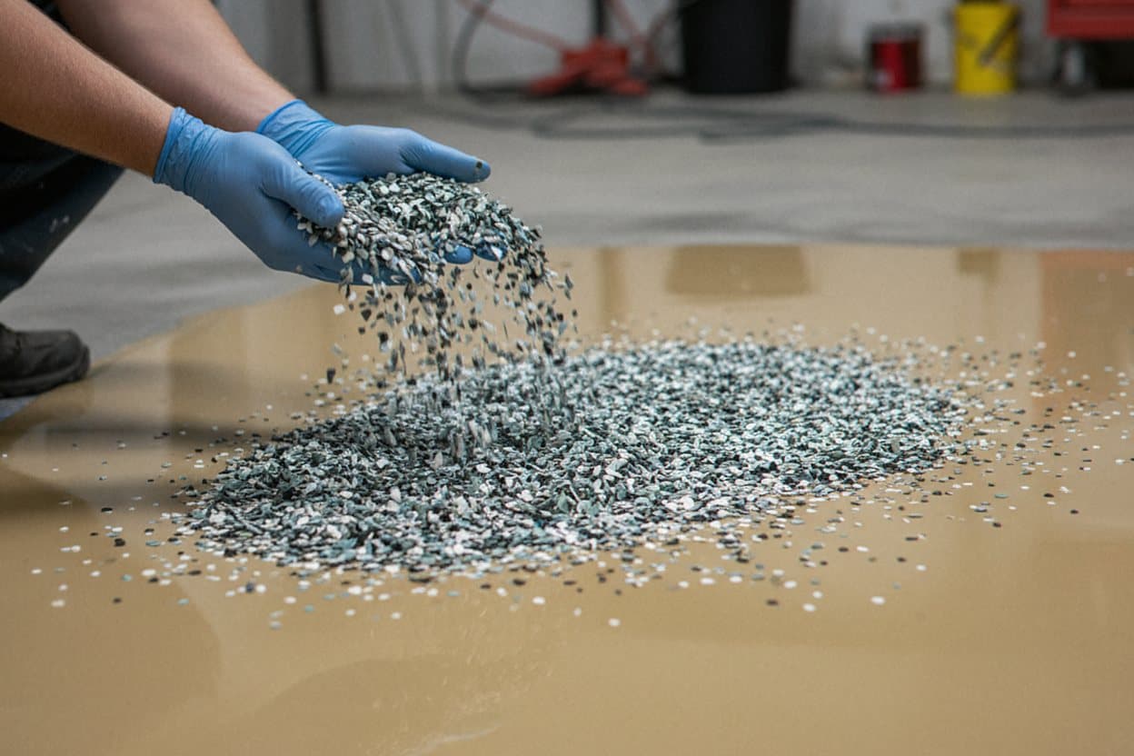 Vinyl flake mix dropping over wet epoxy.