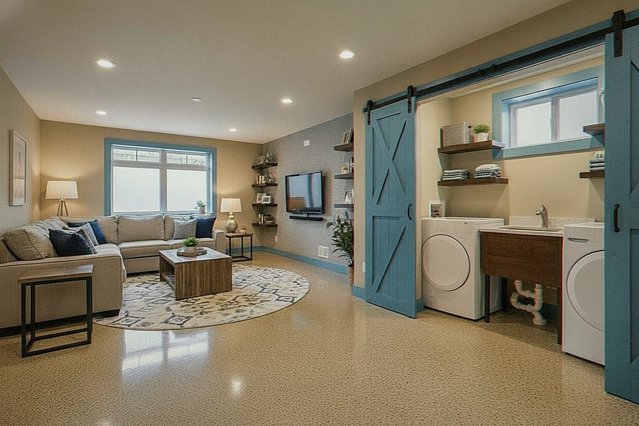 Two-car garage with glassy decorative flake floor.