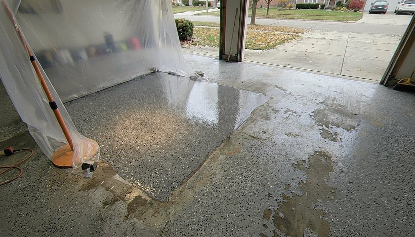 Garage after recoat with charcoal flake floor.