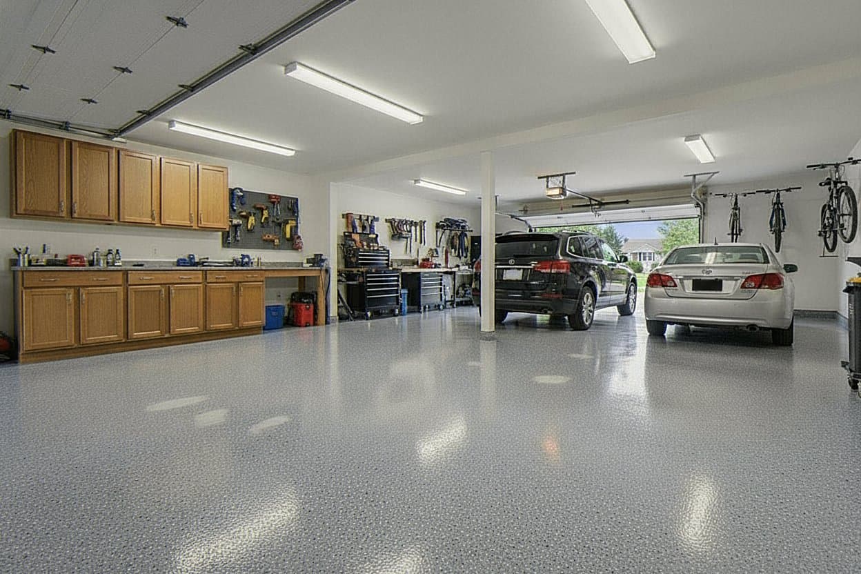 Garage after recoat with charcoal flake polyaspartic.