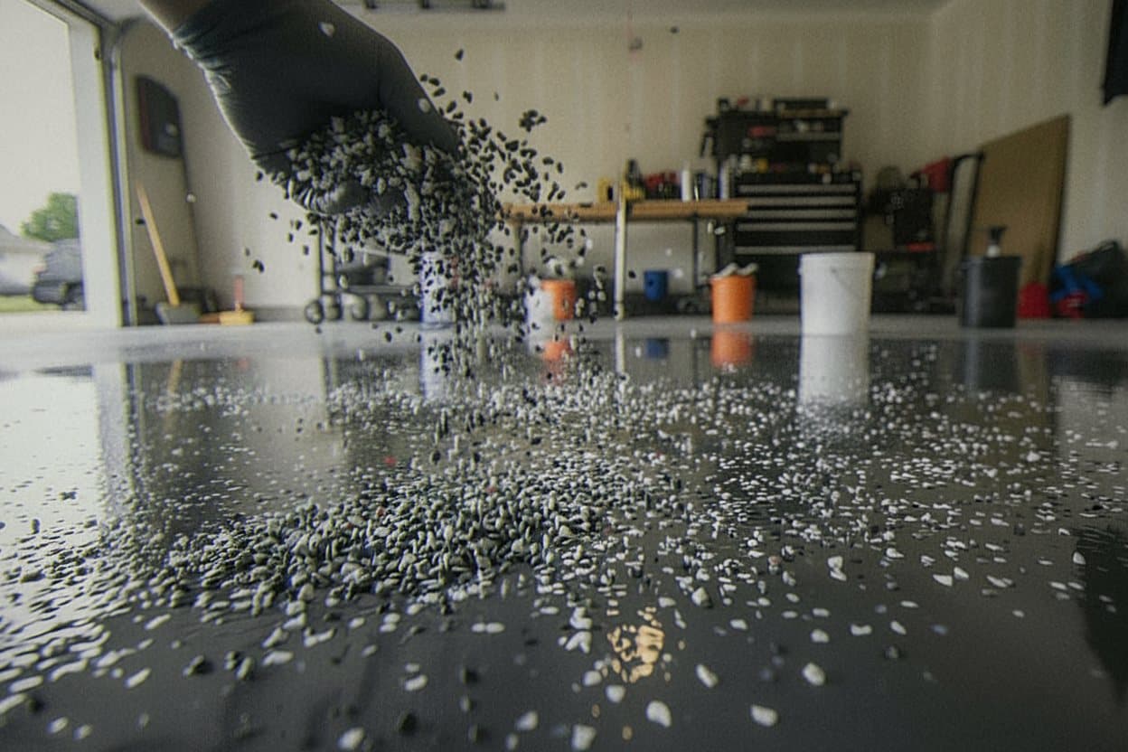 Vinyl flake broadcast over wet charcoal epoxy.