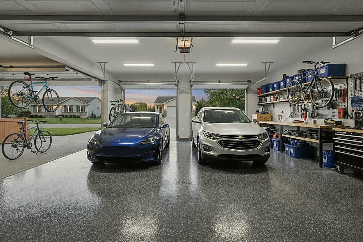 Two-car garage with finished slate flake floor.