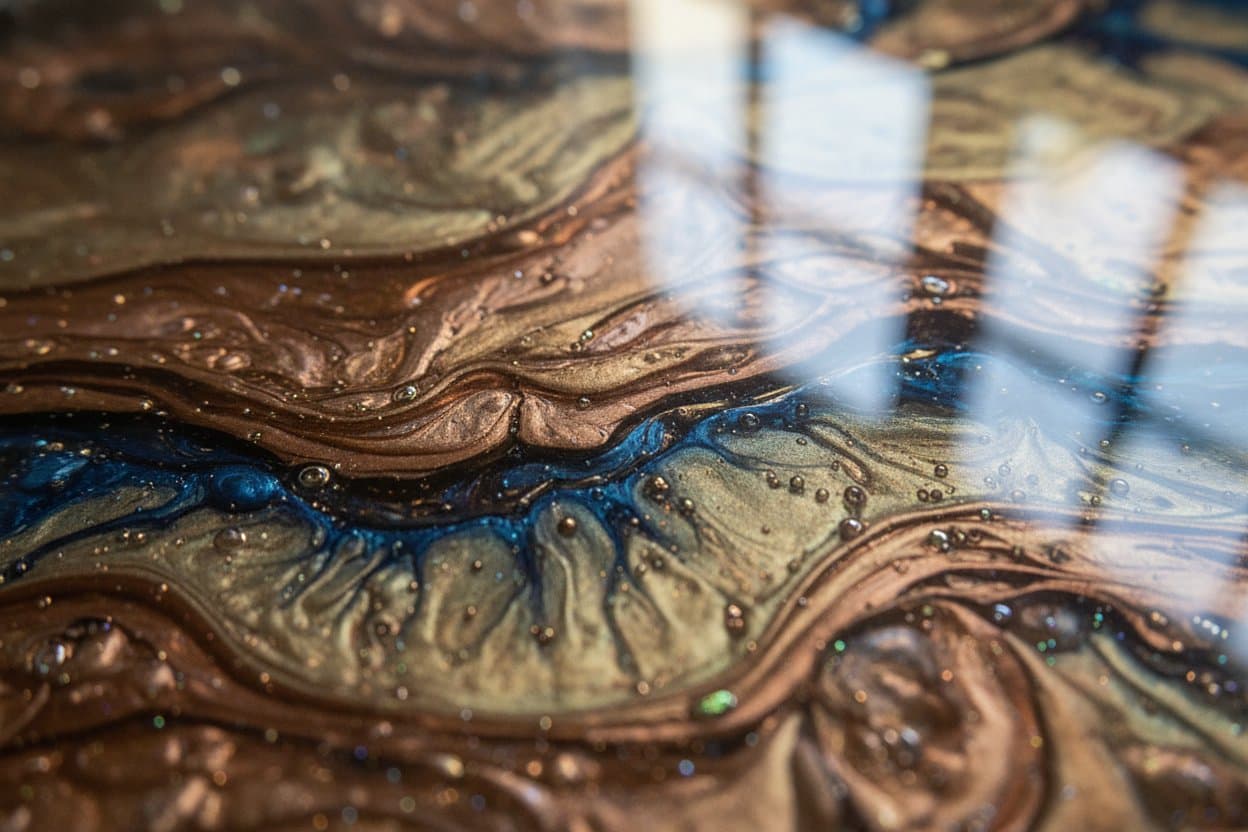 Mica swirls in cured metallic epoxy base.