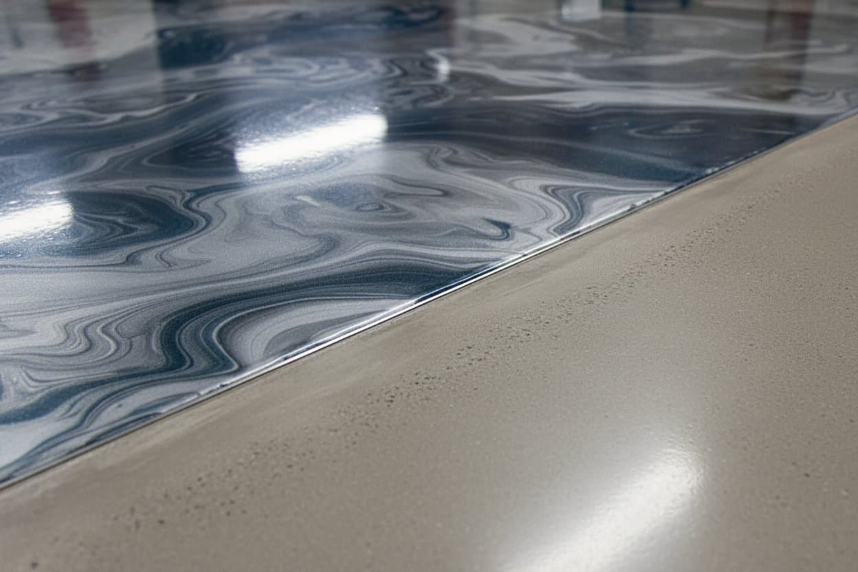 Clean edge where metallic meets bare concrete.