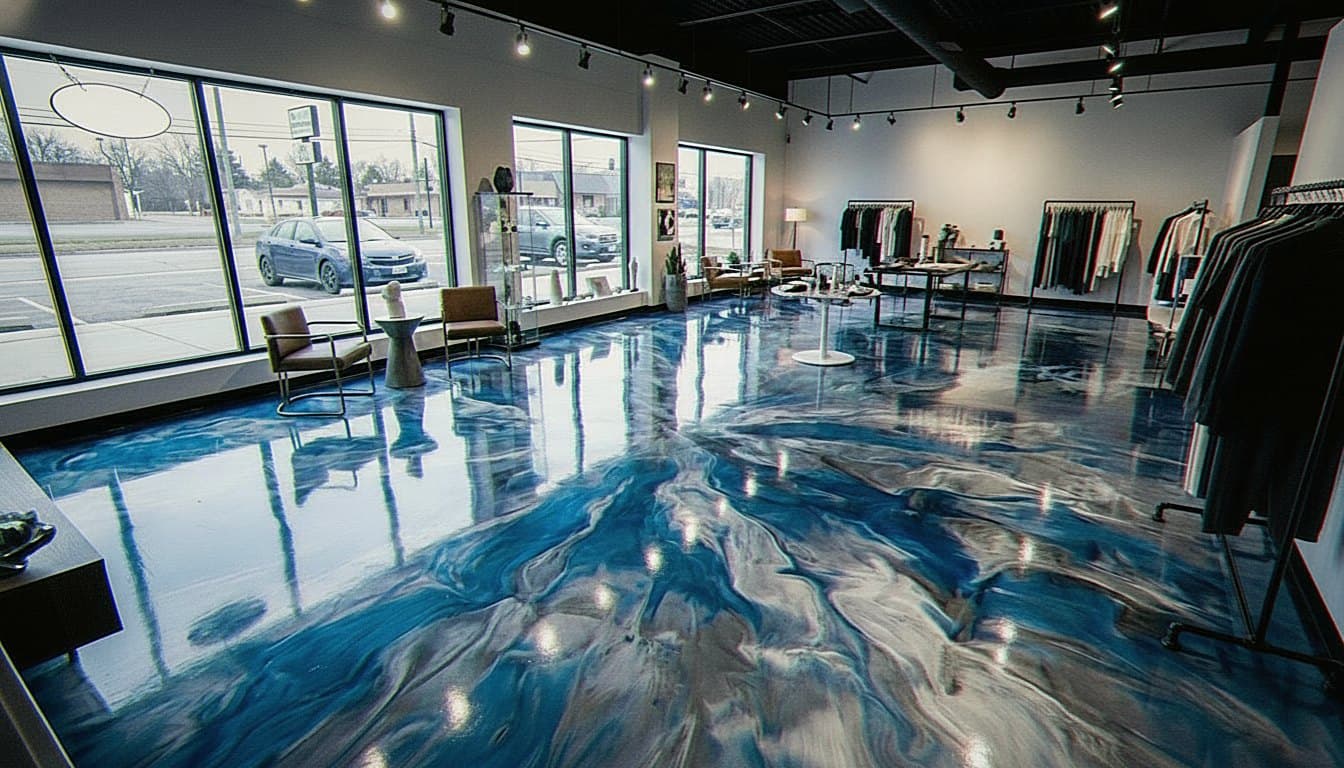 Copper and slate metallic epoxy showroom floor.