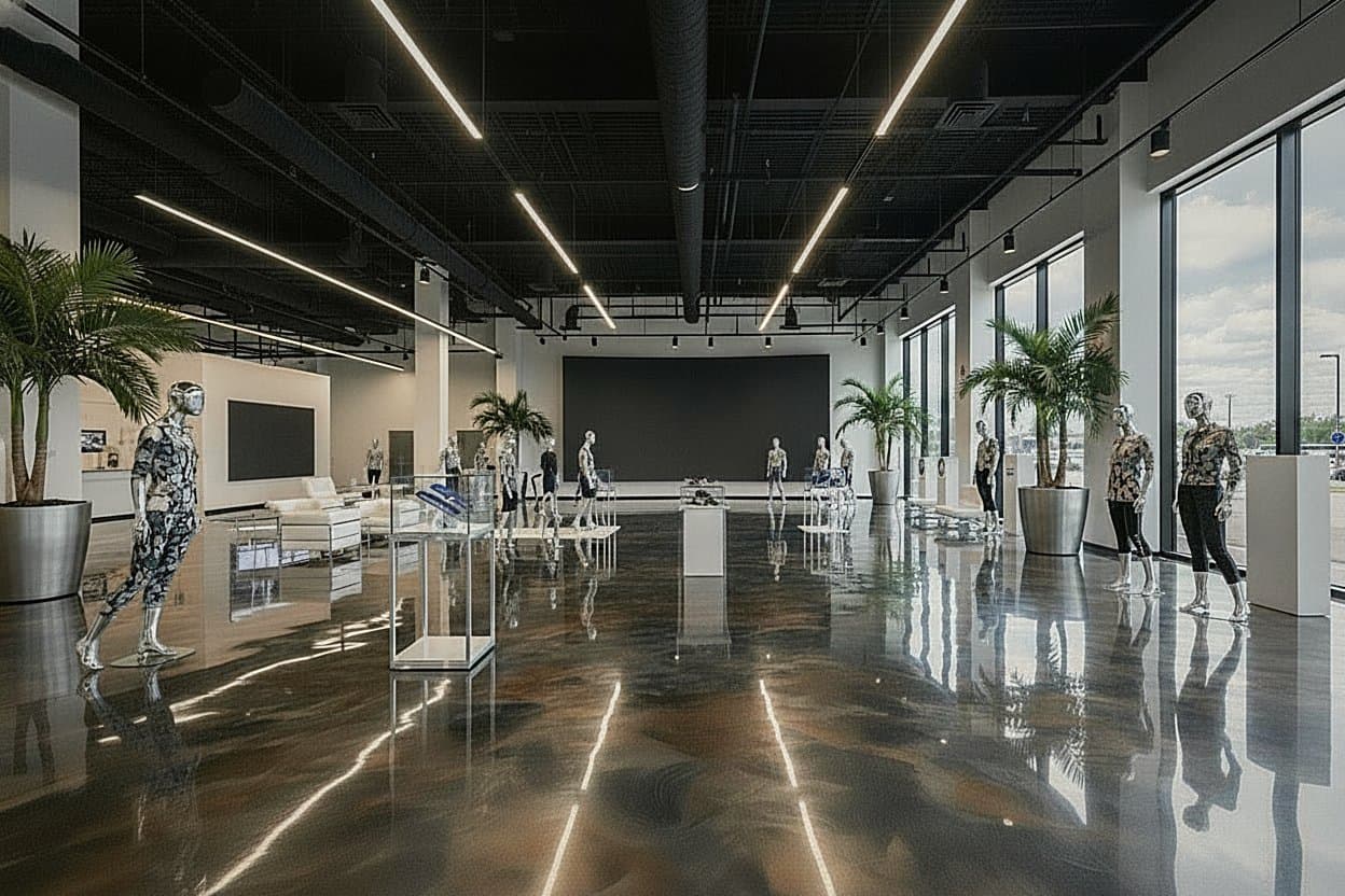 Swirled copper and slate metallic epoxy floor.