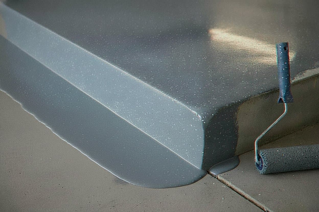 Topcoat rolling over flake lip at step.