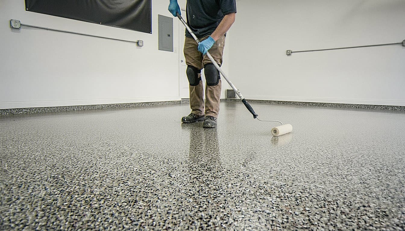 Slate flake floor under shiny polyaspartic coat.