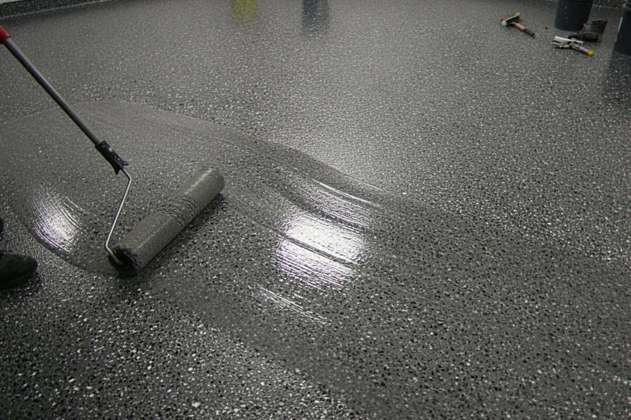 Clear polyaspartic roller application over wet base.