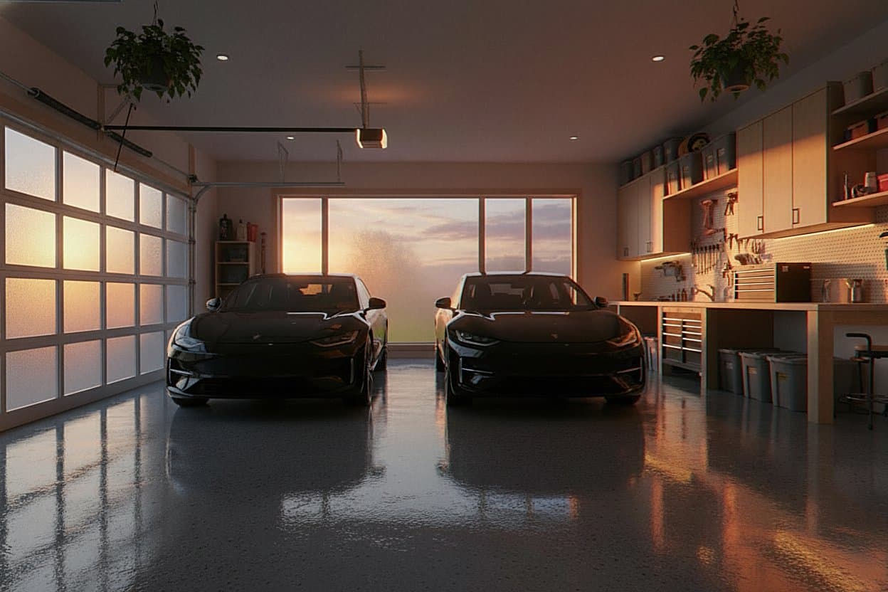 Glassy polyaspartic finish reflecting light at sunset.